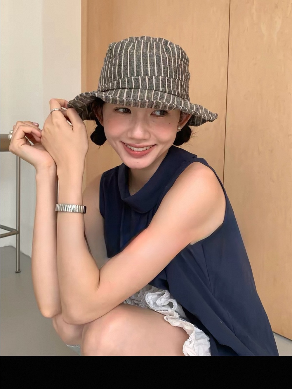Striped Gray Bucket Hat - Casual Women's Accessory